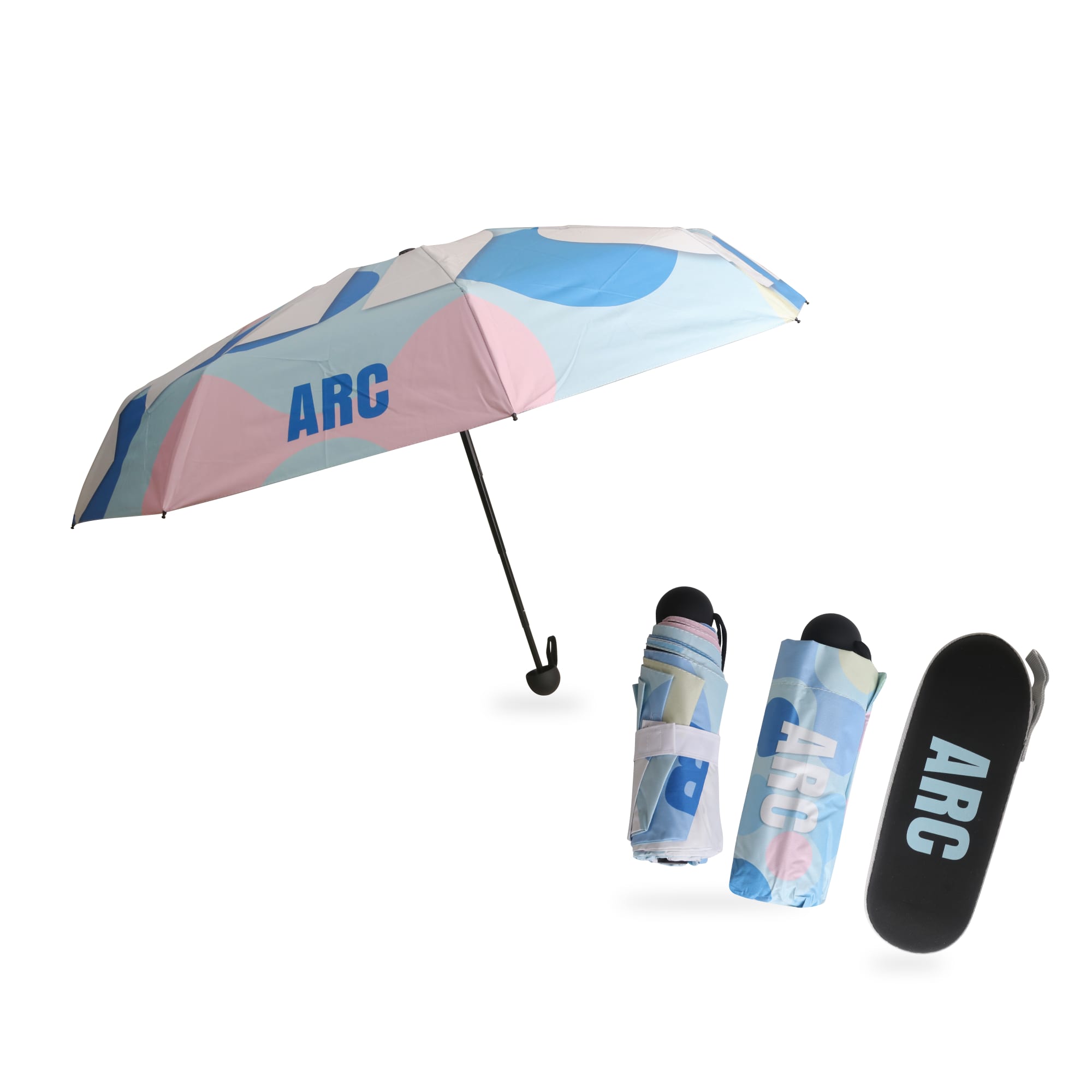A mini folding umbrella in pastel colours, featuring a case with a logo. The umbrella is open, displaying its design. Mini Folding Umbrella with Case - Image 1