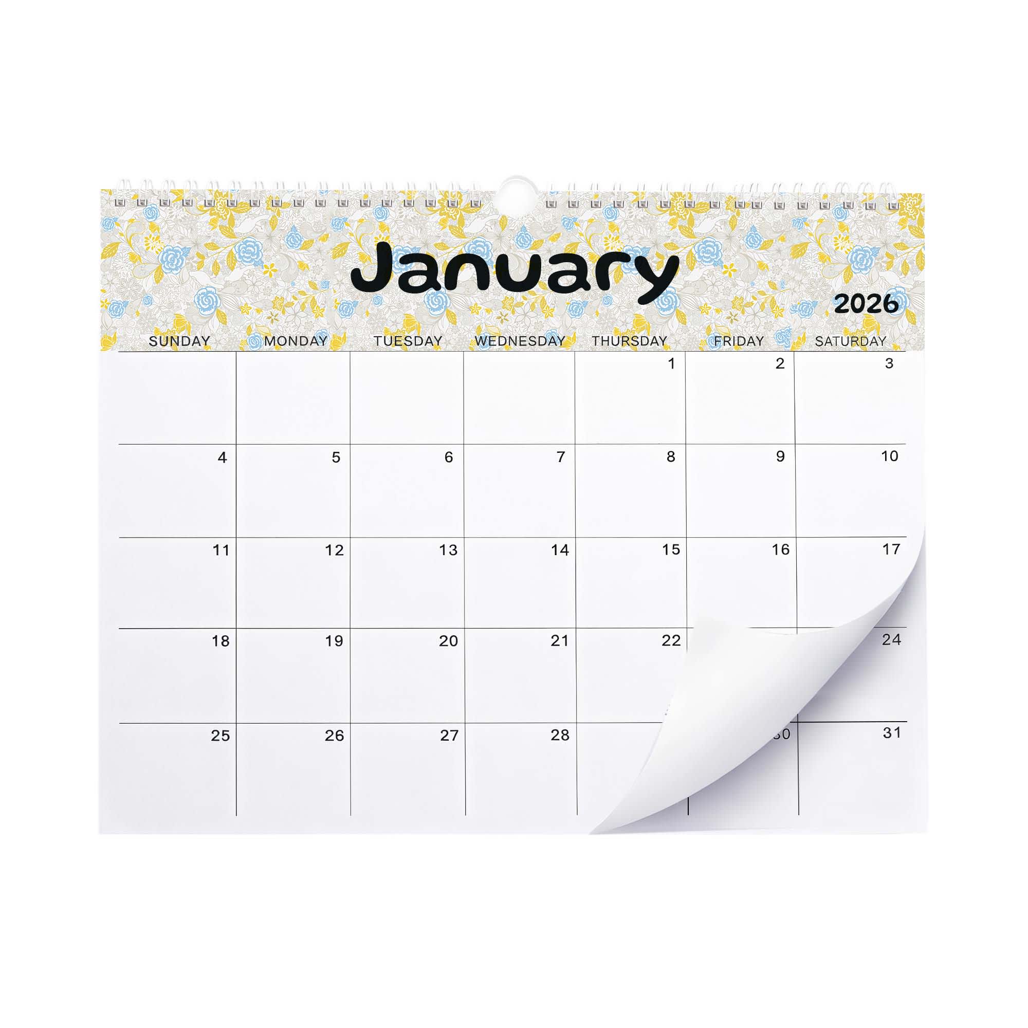 A horizontal wall calendar for January 2026, featuring floral designs and a white background. It includes a logo at the top. Horizontal Wall Calendar - Image 1