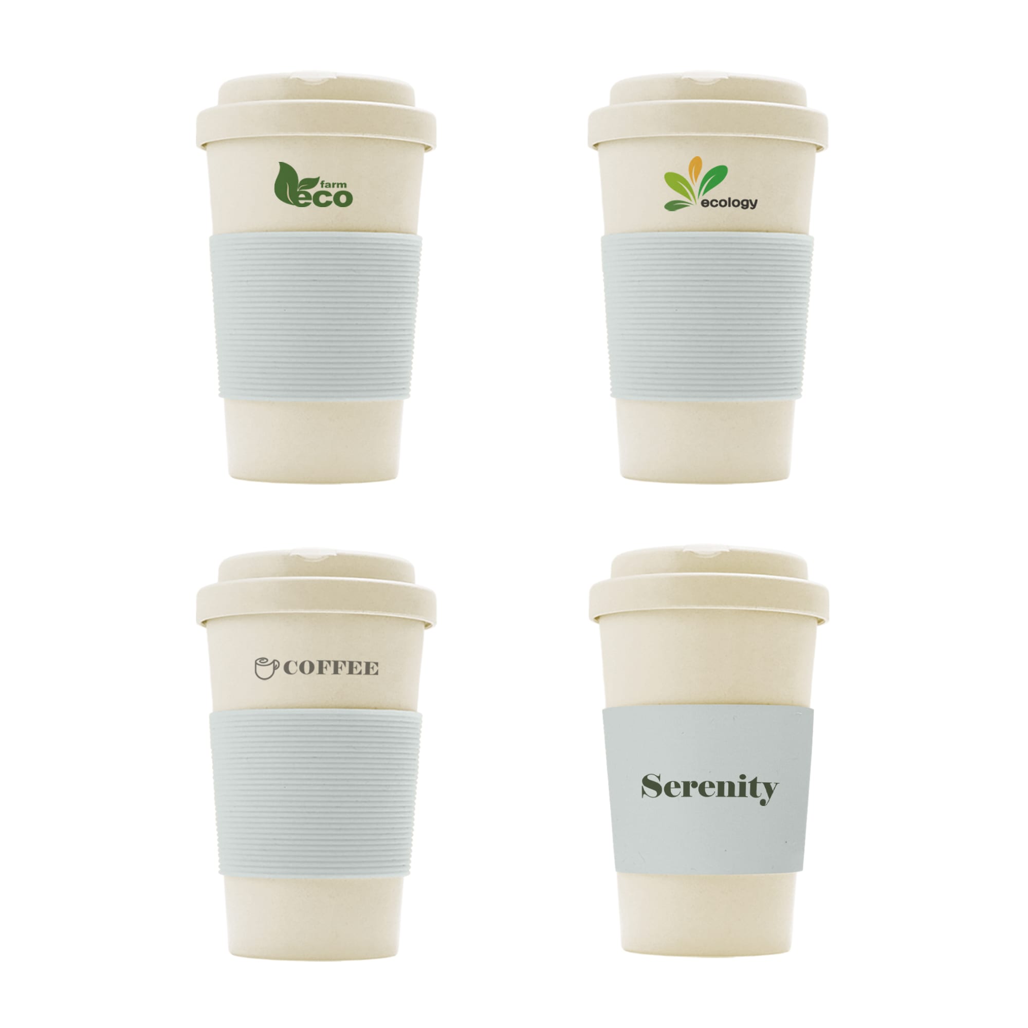A drink bottle featuring a 400ML BPA-free eco bamboo fibre design in cream with a light blue silicone sleeve and branding. 400ML BPA-free Eco Bamboo Fibre Coffee Cup - Image 1