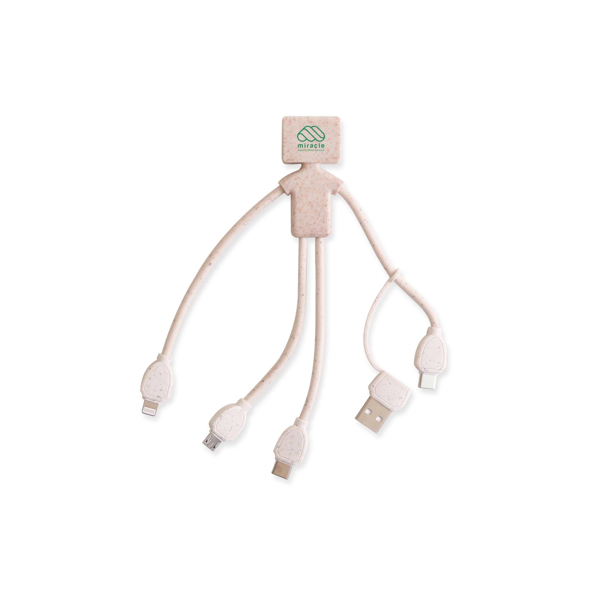A wheat straw charging cable shaped like a man, featuring multiple connectors in a light beige colour. It has a logo. Wheat Straw Charging Cable - Man Shape - Image 1