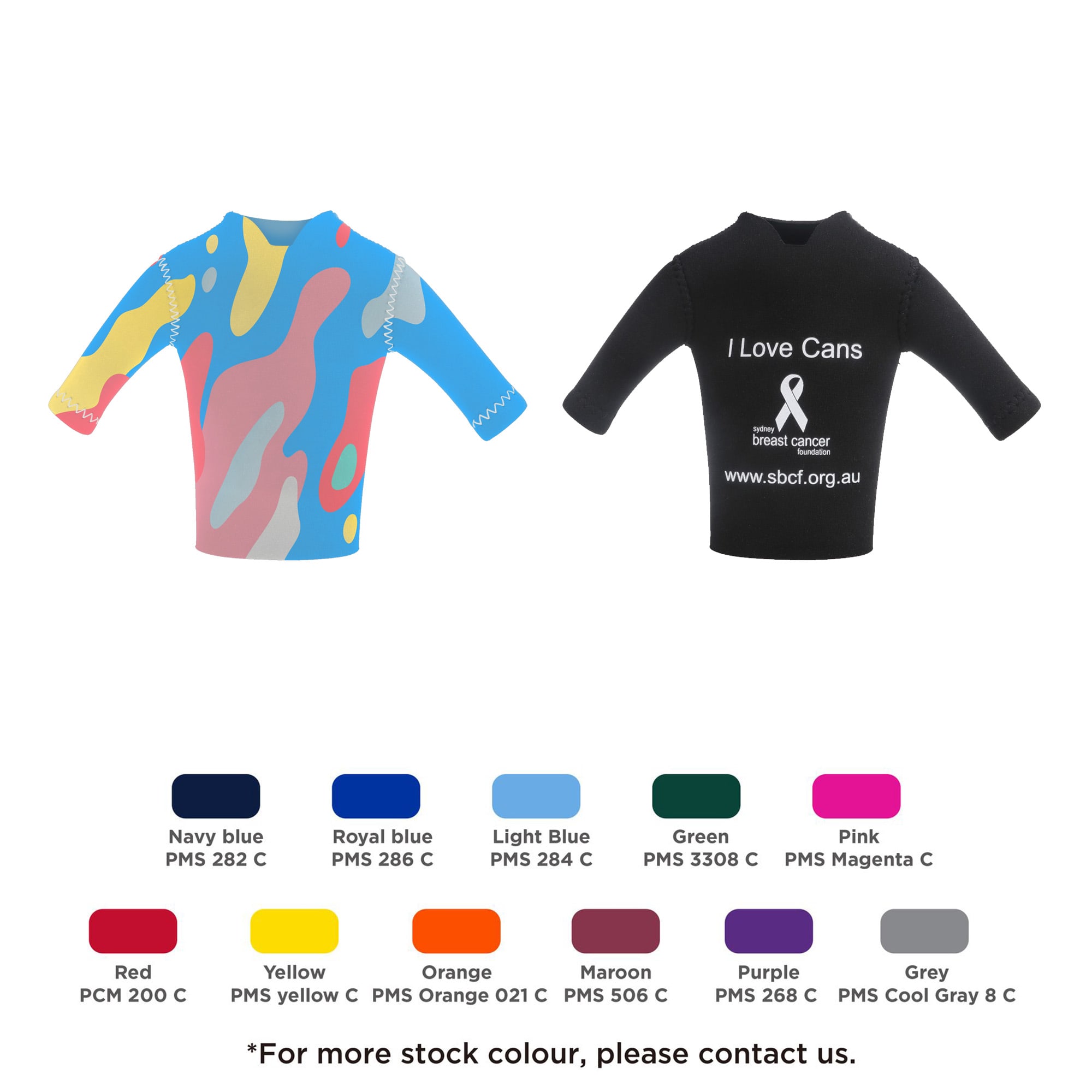 A drink bottle cooler in vibrant blue, pink, and abstract designs, featuring long sleeves and a visible logo. Long Sleeve Bottle Cooler - Image 1