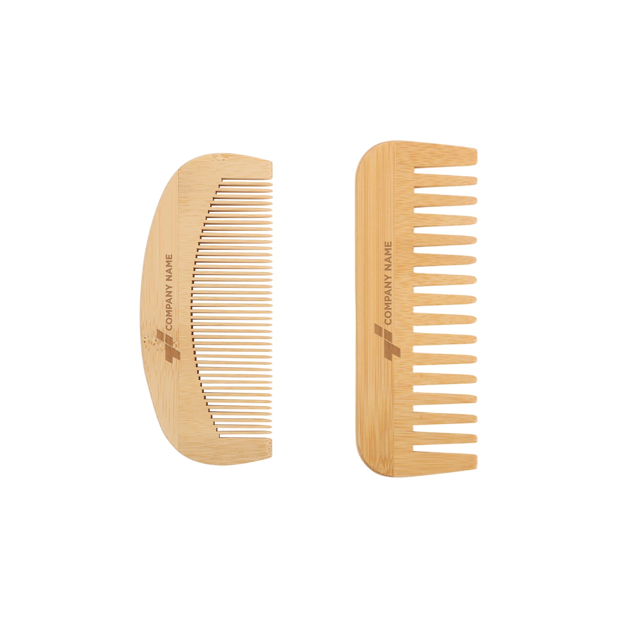 A bamboo small comb set featuring two combs in natural wood tones, each with a logo. Bamboo Small Comb - Image 1