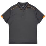 A short-sleeved polo shirt in dark grey with orange accents and a collar, featuring a logo on the chest.