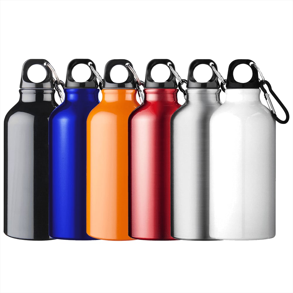 A drink bottle collection featuring black, blue, orange, red, silver, and white designs, each with a carabiner and logo. Oregon 400ml Sport Bottle w/ Carabiner - Image 1