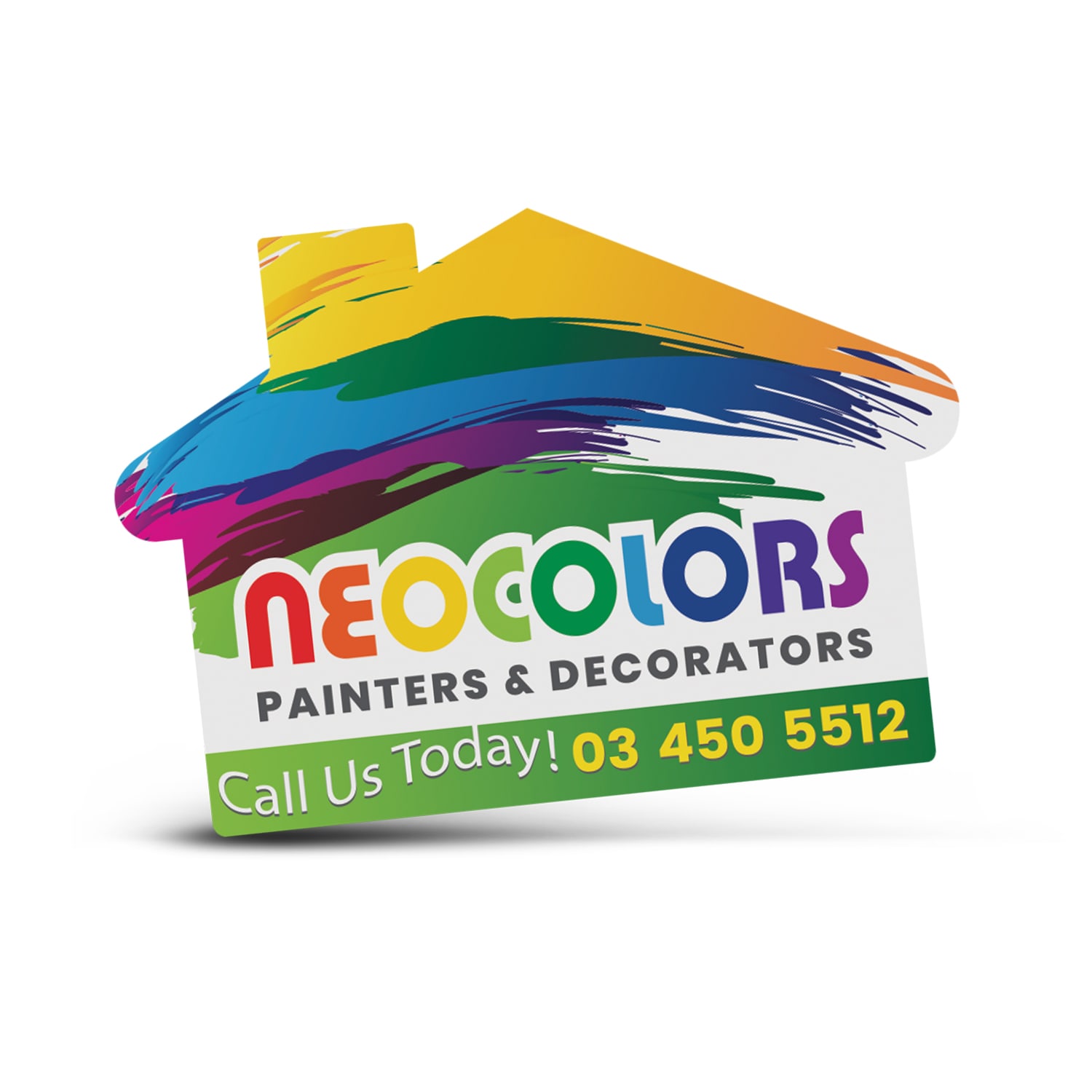 A house-shaped sticker featuring vibrant colours and a logo for a painting and decorating service. AD Labels 70 x 50mm - House Shaped - Image 1