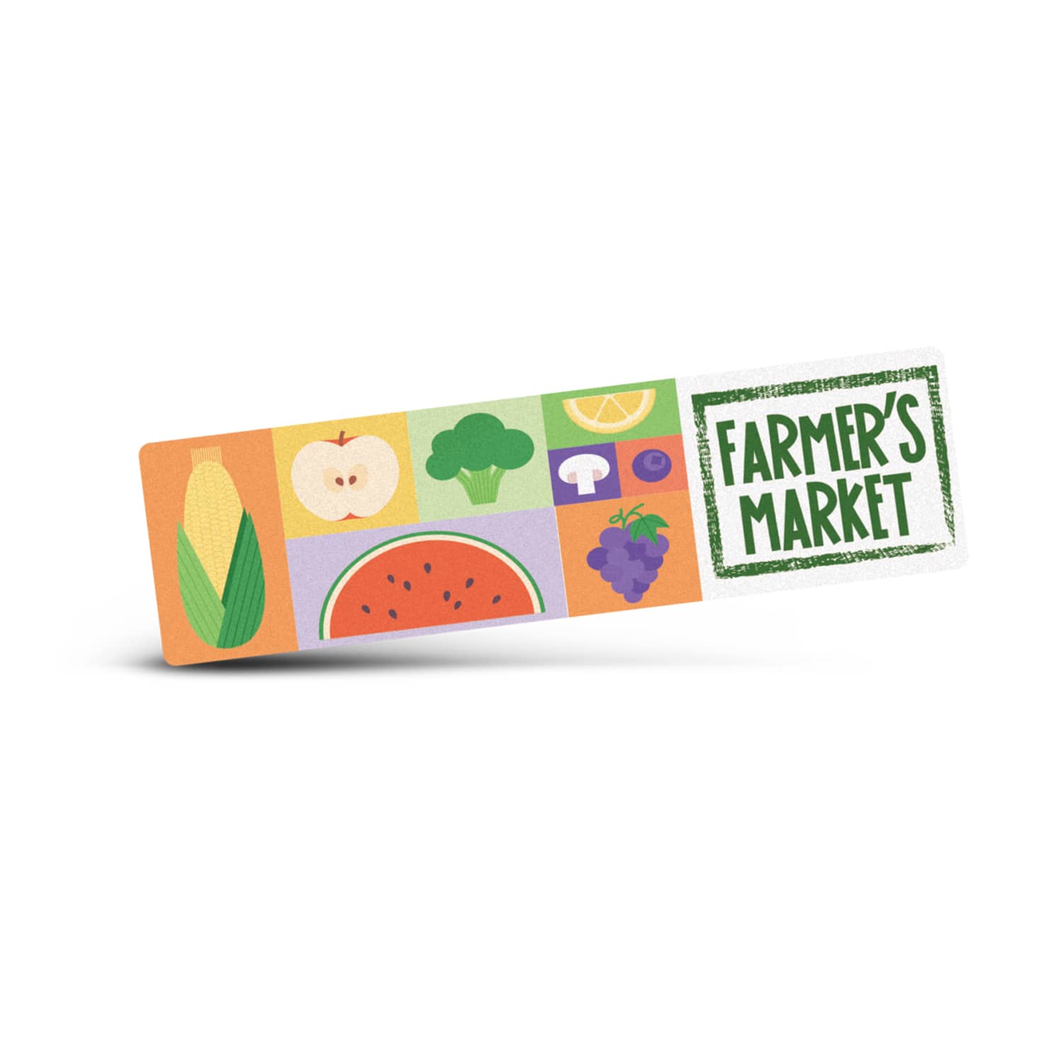 A rectangular sticker featuring colourful illustrations of various fruits and vegetables, including corn and watermelon, with a logo. AD Labels 90 x 25mm - Image 1