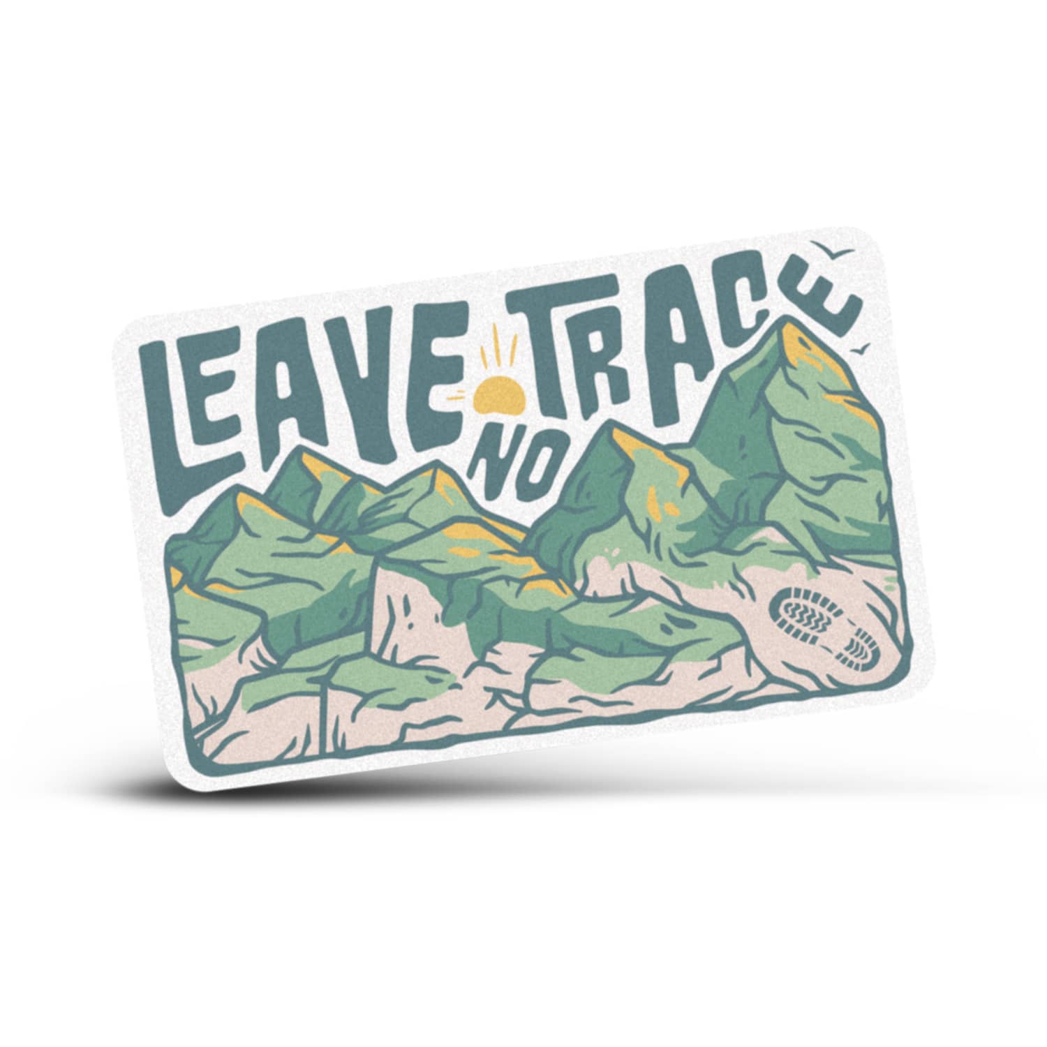A rectangular sticker featuring green mountains and the phrase "Leave No Trace" in bold lettering. AD Labels 78 x 48mm - Image 1