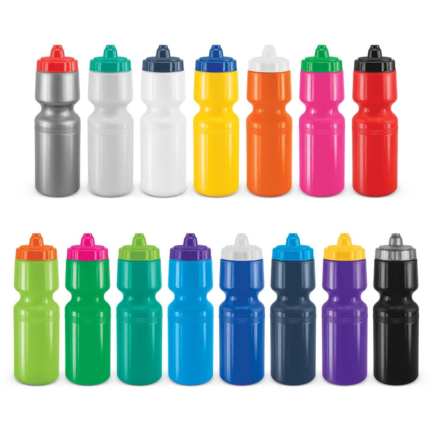 A range of drink bottles in various colours, including silver, white, yellow, orange, pink, green, and blue, with caps and a logo. X-Stream Shot Bottle - Image 1