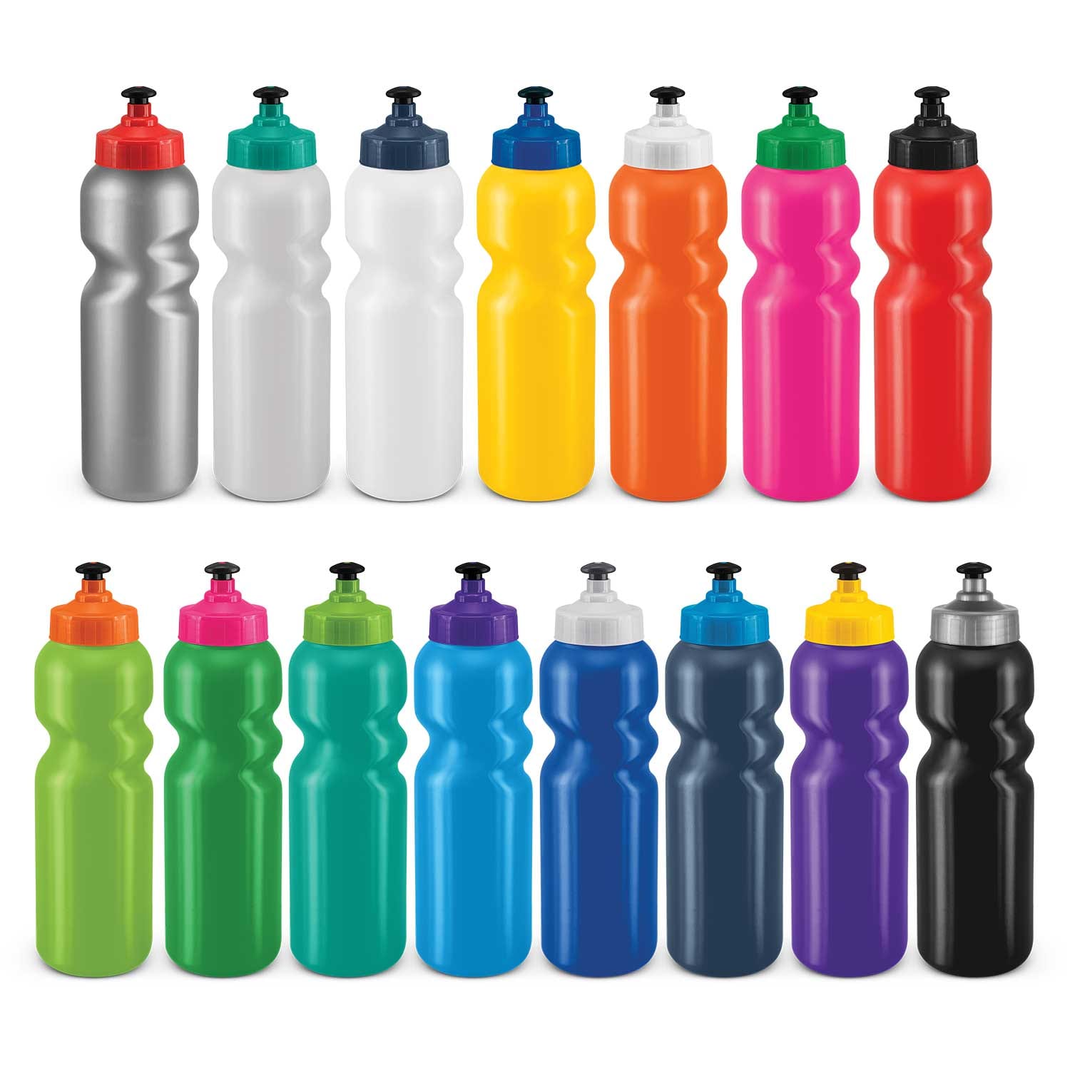 A drink bottle collection featuring various colours including silver, white, yellow, pink, blue, green, and black. Each has a logo. Action Sipper Bottle - Image 1