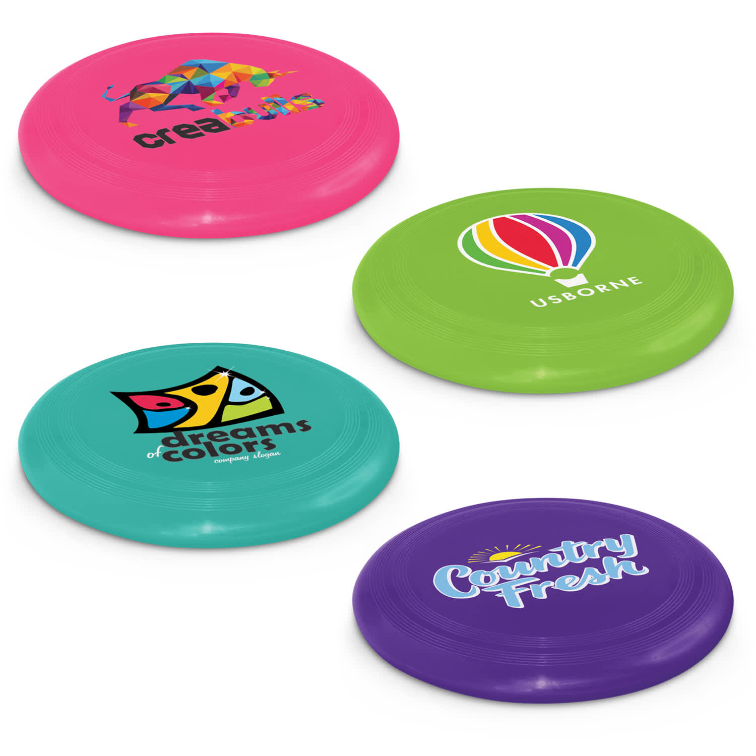 Four colourful frisbees in pink, teal, purple, and green, each featuring unique logos and designs. Large Flyer - Image 1