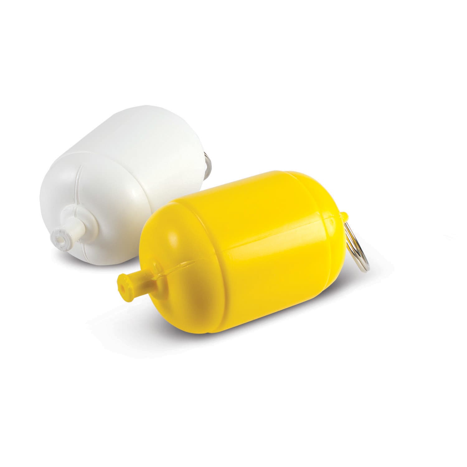 A floating key ring featuring a yellow and a white buoy design, equipped with a key ring attachment. Floating Key Ring - Image 1