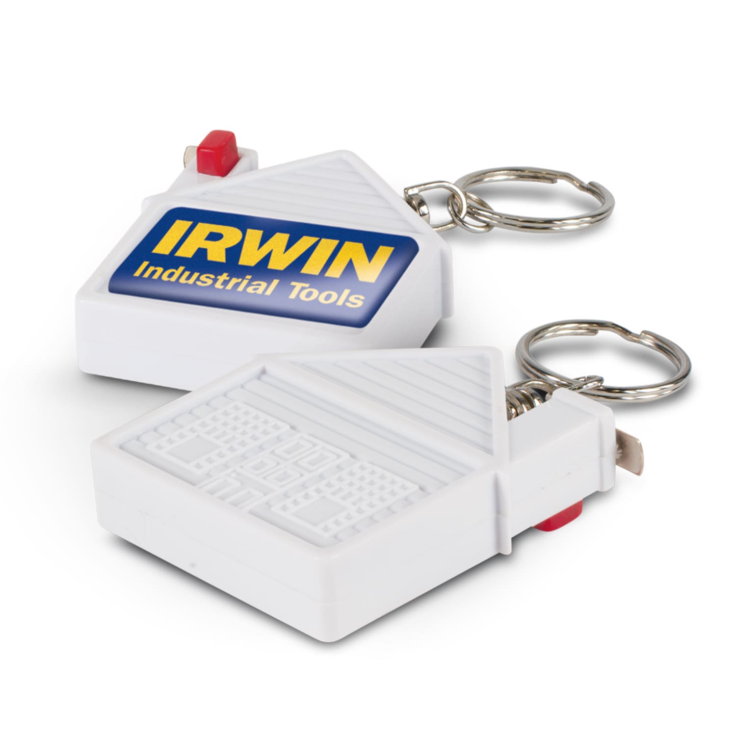A white house-shaped tape measure key ring with a keychain attachment, featuring a logo. House Tape Measure Key Ring - Image 1