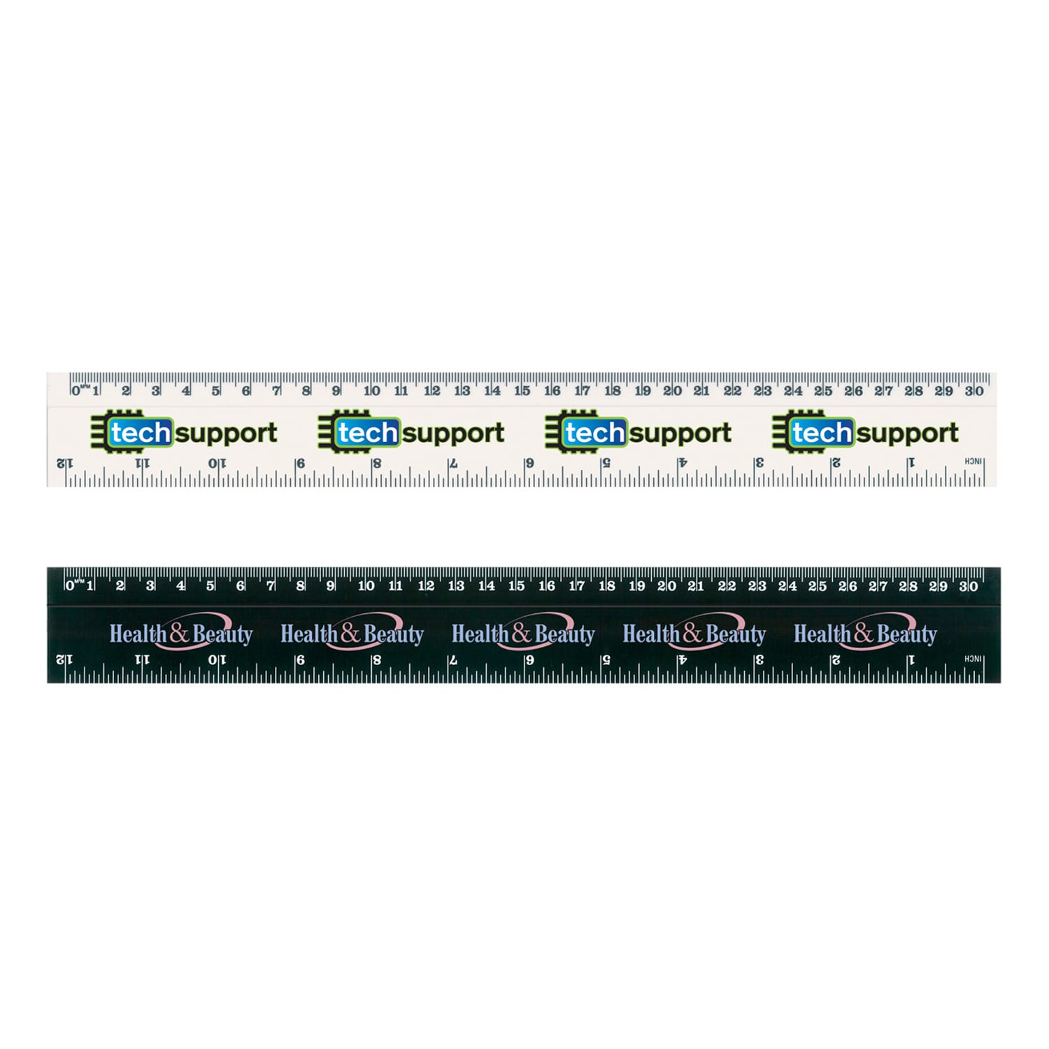 A white and black flip ruler featuring tech support and health & beauty branding in multi-coloured text. Flip Ruler - Image 1