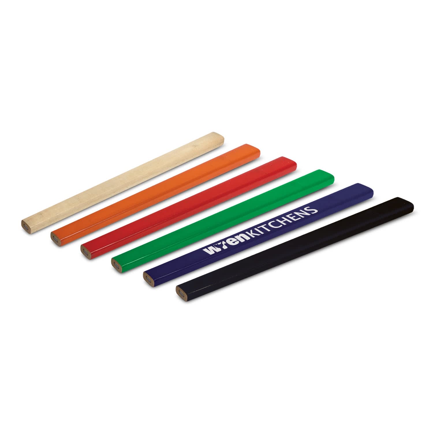 A set of carpenters pencils in various colours: natural wood, orange, green, blue, and black, featuring a logo on one. Carpenters Pencil - Image 1