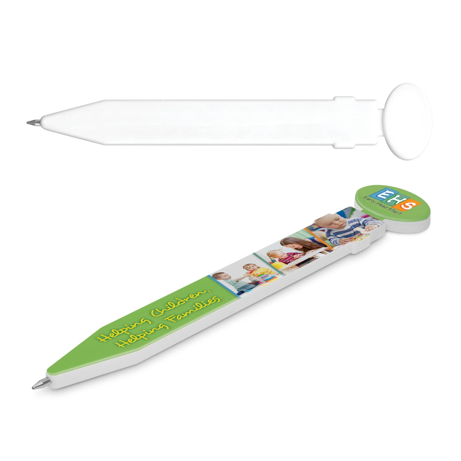 A plastic pen in white featuring a rounded top and a green design with images and branding. Magna Fridge Pen - Image 1