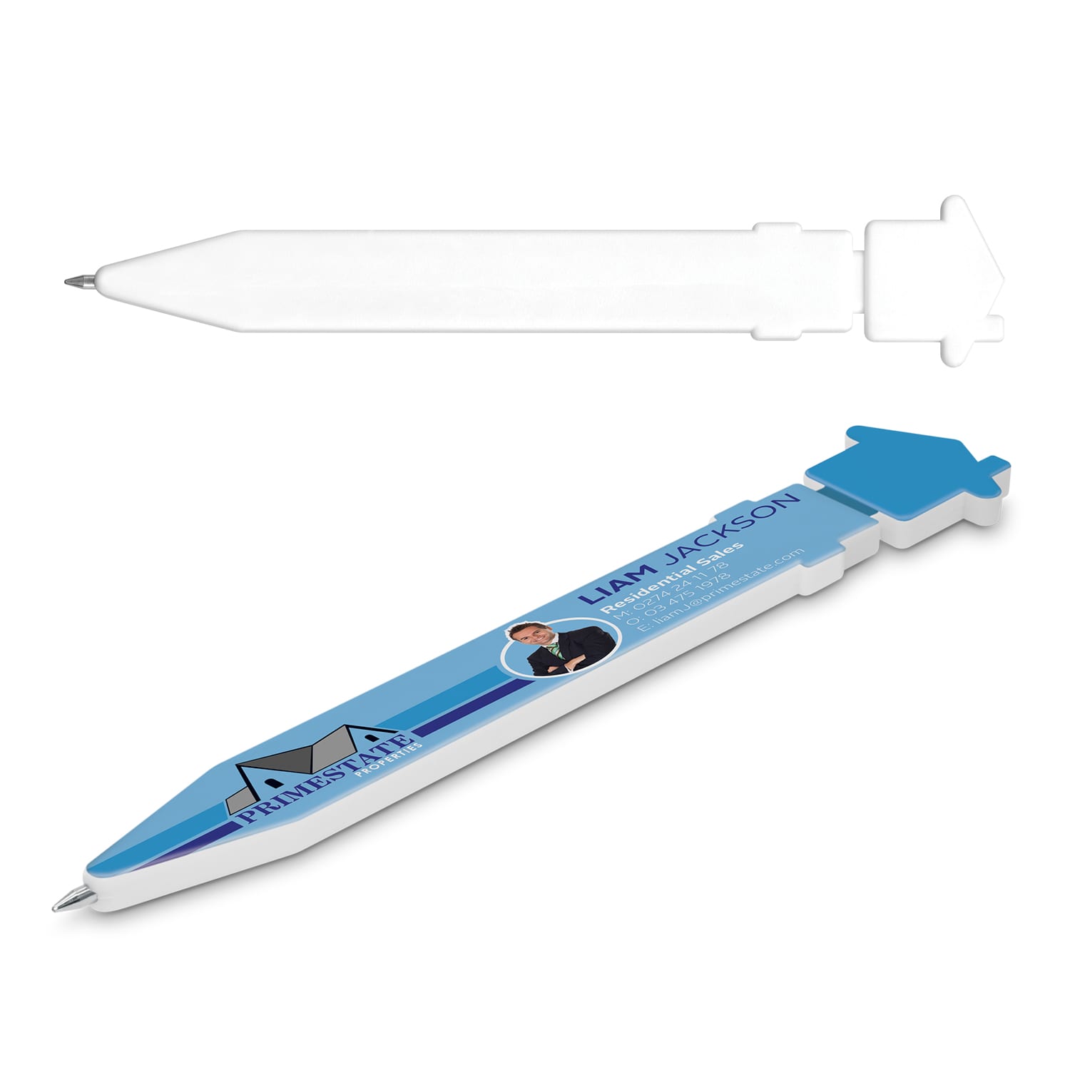 A white plastic pen shaped like an arrow with a blue and white design, featuring a name and image. Magna House Fridge Pen - Image 1