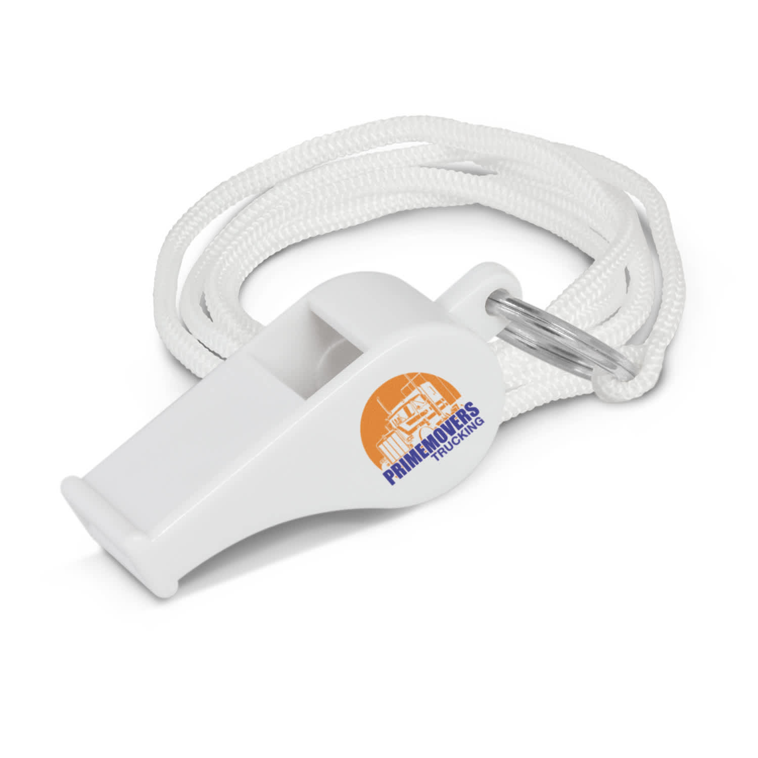 A white sports whistle with a logo, attached to a white lanyard for easy carrying. Sports Whistle - Image 1