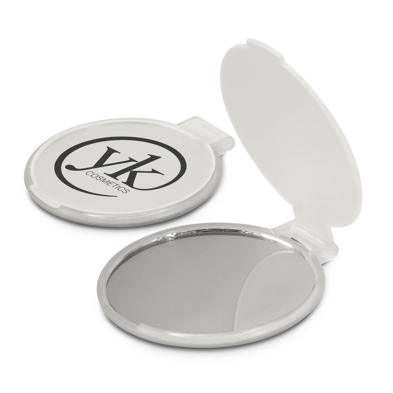 A compact mirror in white, featuring a reflective surface and a logo on the exterior. Compact Mirror - Image 1