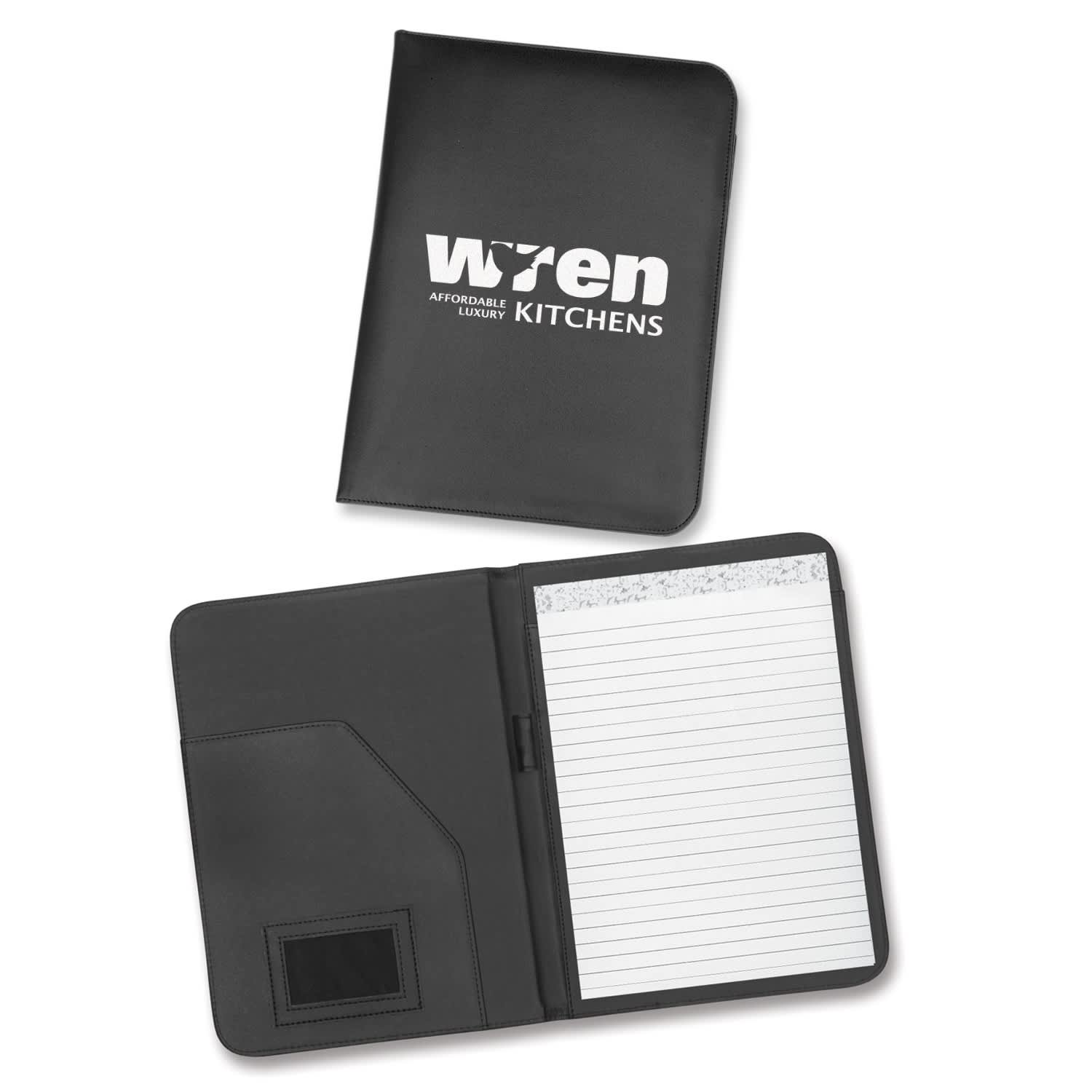 A black portfolio featuring a logo, with an interior pocket and a lined notepad. Leeds Portfolio - Image 1
