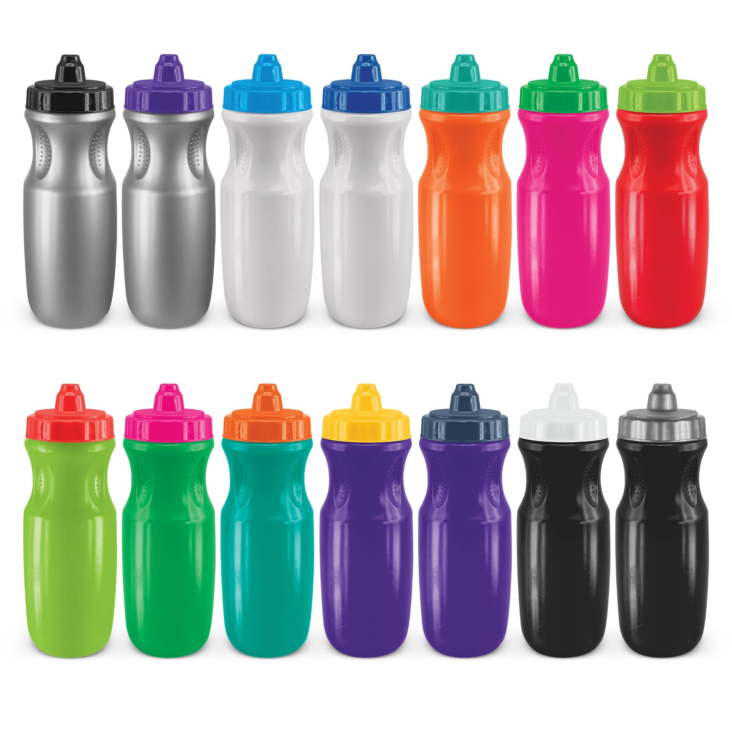 A drink bottle collection featuring various colours: silver, white, orange, pink, green, blue, purple, and black. Each bottle has a lid. Calypso Bottle - Image 1