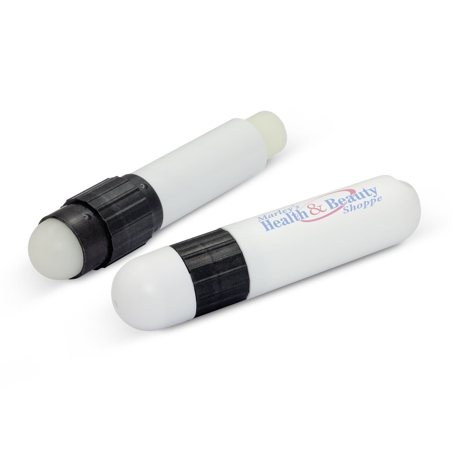 Two white Duo Lip Balms with black caps, featuring a logo on one of the items. Duo Lip Balm - Image 1