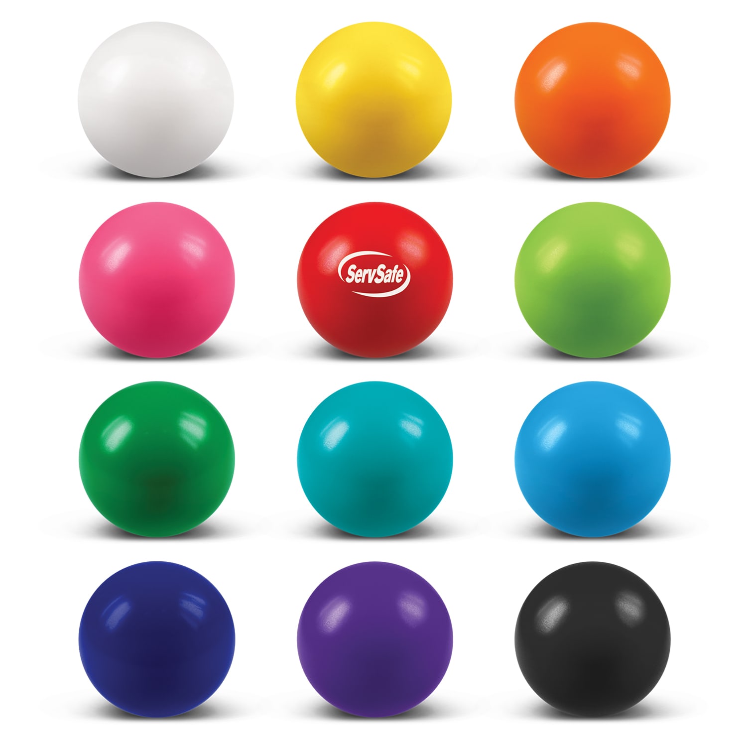 A variety of round stress balls in multiple colours, including white, yellow, orange, pink, green, blue, and purple, with one logo. Stress Ball - Image 1