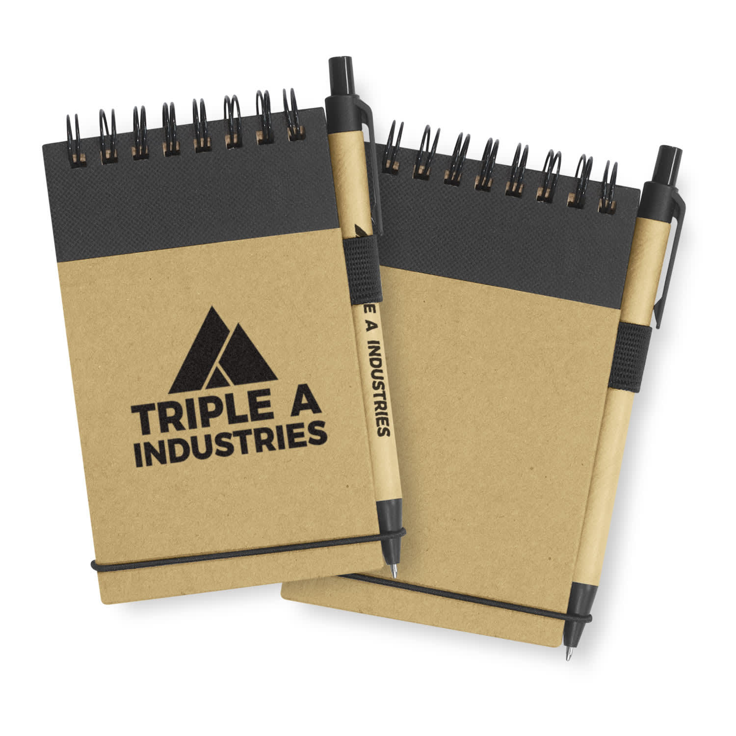 A brown recycled notebook with a black spiral binding and a matching pen attached. It features a logo on the cover. Spiro Note Pad - Image 1
