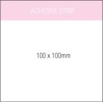 A white adhesive strip with dimensions of 100 x 100mm, featuring a simple design and branding at the top.