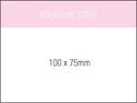 A notepad measuring 100 x 75 mm with a white background and pink header, featuring an adhesive strip.