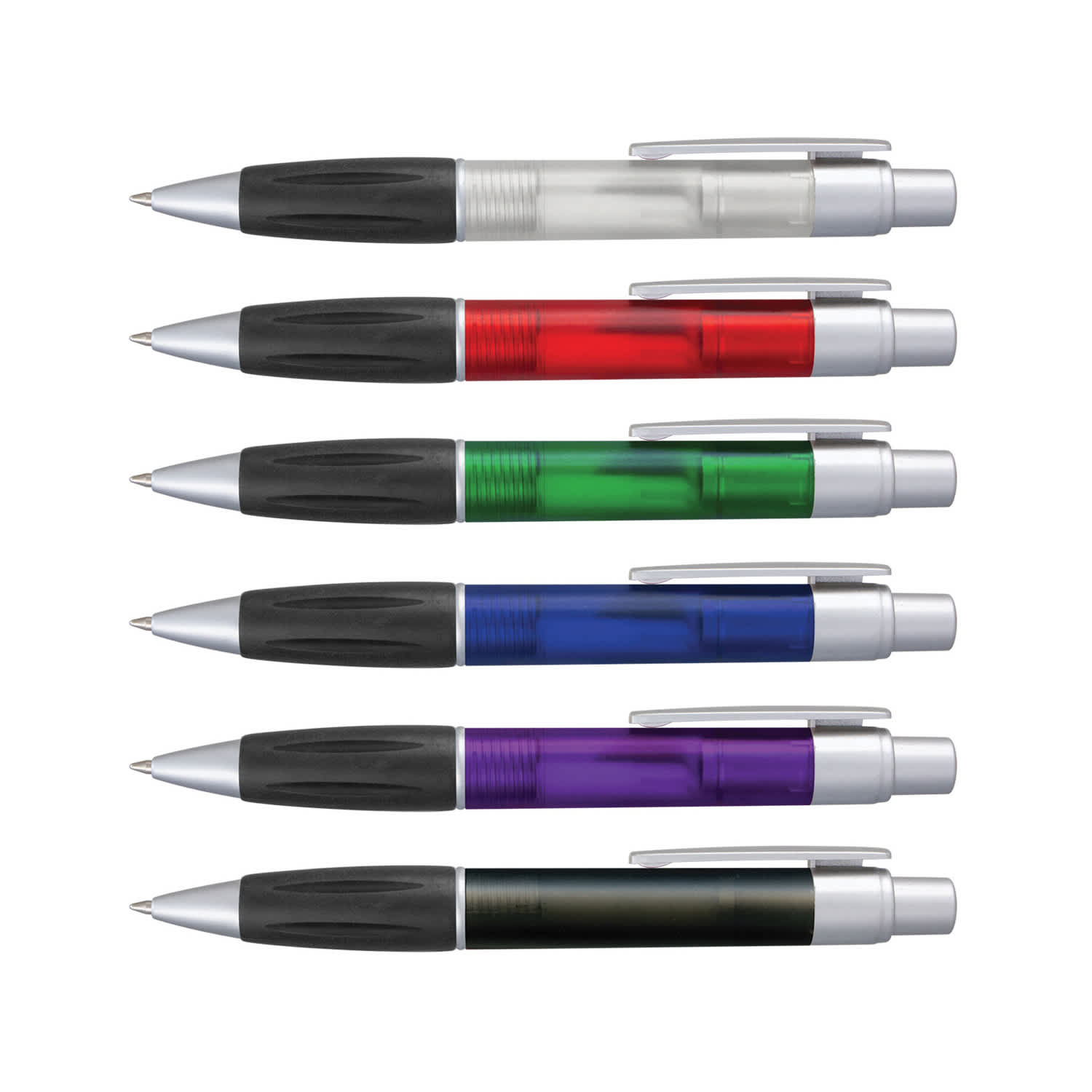 A set of six plastic pens in various colours: clear, red, green, blue, purple, and black, each with a silver clip and accents. Matrix Pen - Image 1