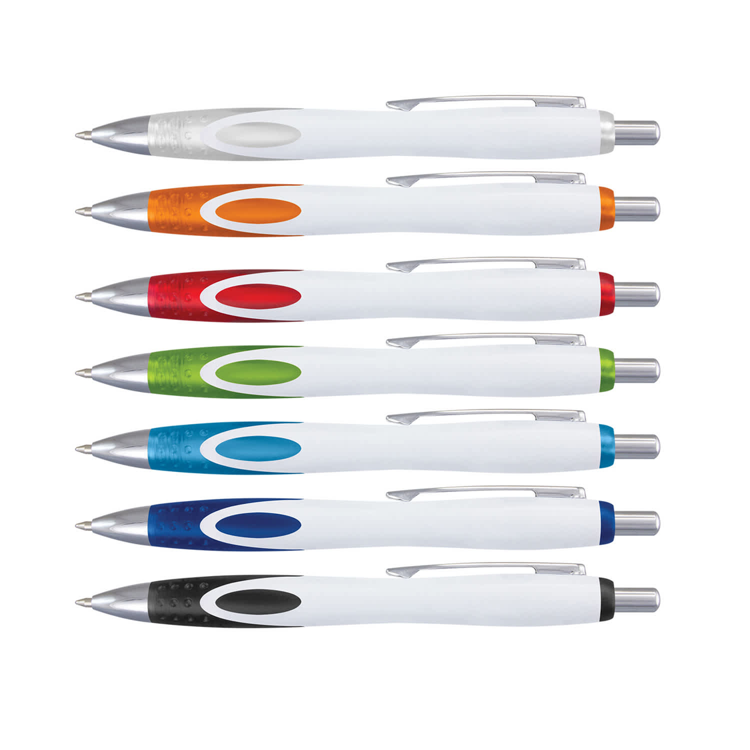 A collection of seven plastic pens in various colours: orange, green, blue, and more, featuring a silver clip and accents. Neo Pen - Image 1