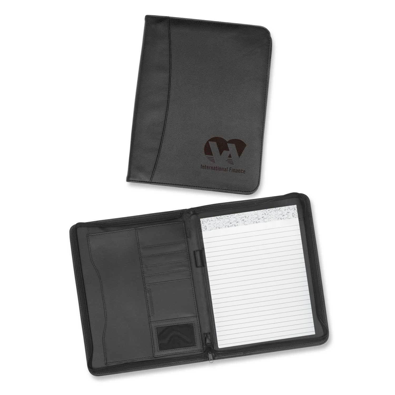 A black zip portfolio with an interior notepad, card slots, and a logo on the cover. Bradford Zip Portfolio - Image 1