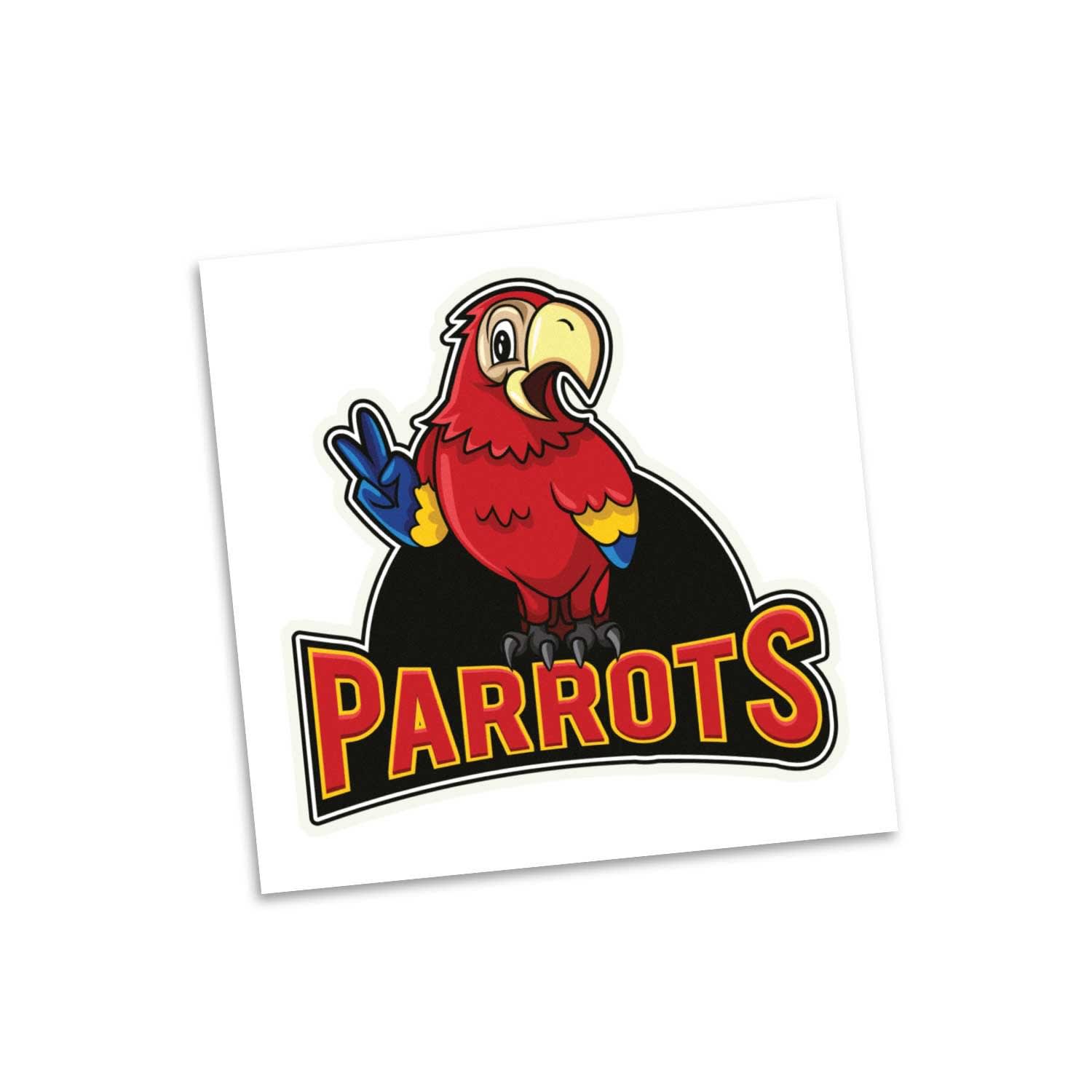 A temporary tattoo featuring a cartoon parrot in red and yellow, with a black background and a logo. Temporary Tattoo Classic - 38mm x 38mm - Image 1