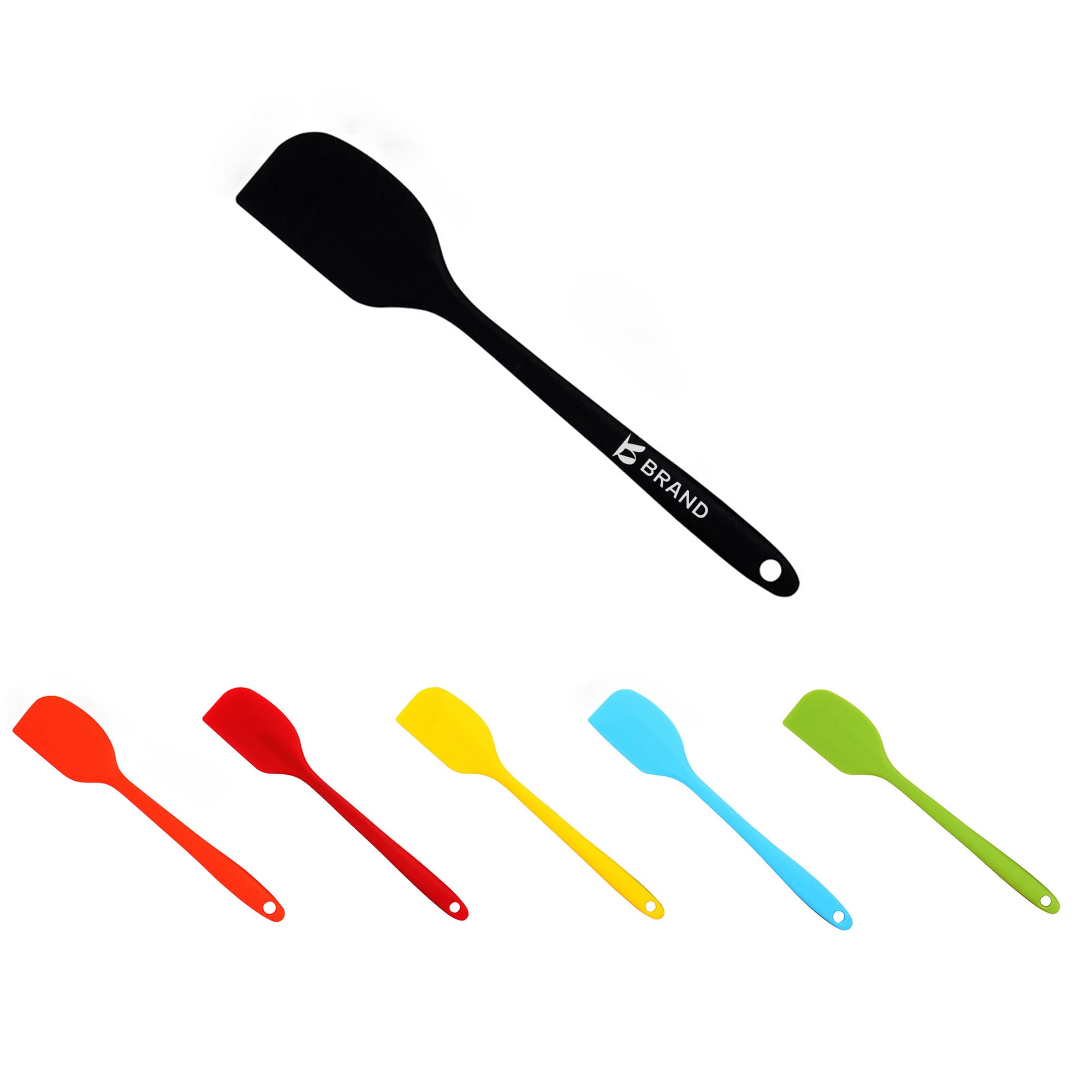 A set of spatulas in various colours, including red, yellow, blue, green, and black, with a logo on one. Spatula - Image 1