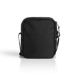 A black recycled transit bag with a shoulder strap and a zip closure, featuring a logo.
