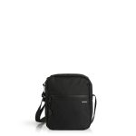 A black recycled transit bag with a shoulder strap and front zip pocket, featuring a logo.