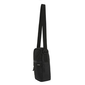 A black recycled transit bag with a long adjustable strap and a front zip pocket, featuring a logo.