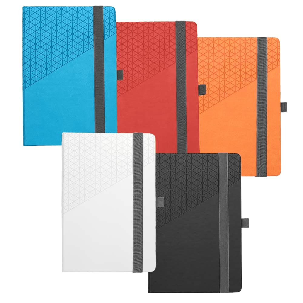 A collection of five Geo Notebooks in blue, red, orange, white, and black, featuring geometric patterns and an elastic band. Geo Notebook - Image 1