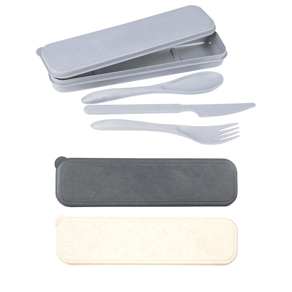 A bamboo fibre cutlery set in grey, black, and cream, featuring a knife, fork, spoon, and a storage case with a logo. Bamboo Fibre Cutlery Set - Image 1