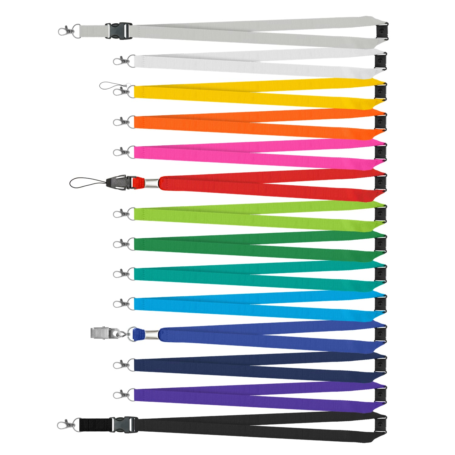 A variety of custom printed lanyards in multiple colours, featuring clips and clasps for attachment. Custom Printed Lanyard - 20mm - Image 1