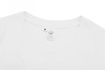 A white cotton t-shirt with a tag at the neckline, featuring a simple design. It includes a logo.