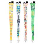 Four RPET lanyards in various colours, featuring distinct patterns and a logo on each.