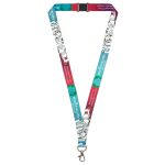 A RPET lanyard with a 10mm width, featuring a multicoloured design and a clip attachment.