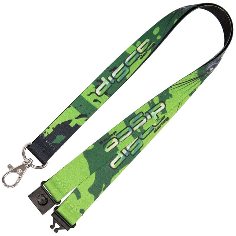 A green and black patterned lanyard with a clip and branding. It measures 10mm in width. A green and black patterned lanyard with a clip and branding. It measures 10mm in width.