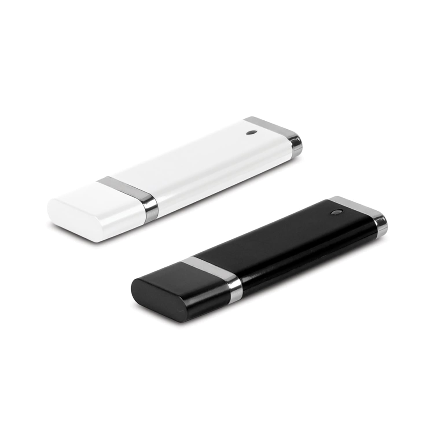 A black and white Quadra 4GB flash drive with a sleek design and a metallic finish. Quadra 4GB Flash Drive - Image 1