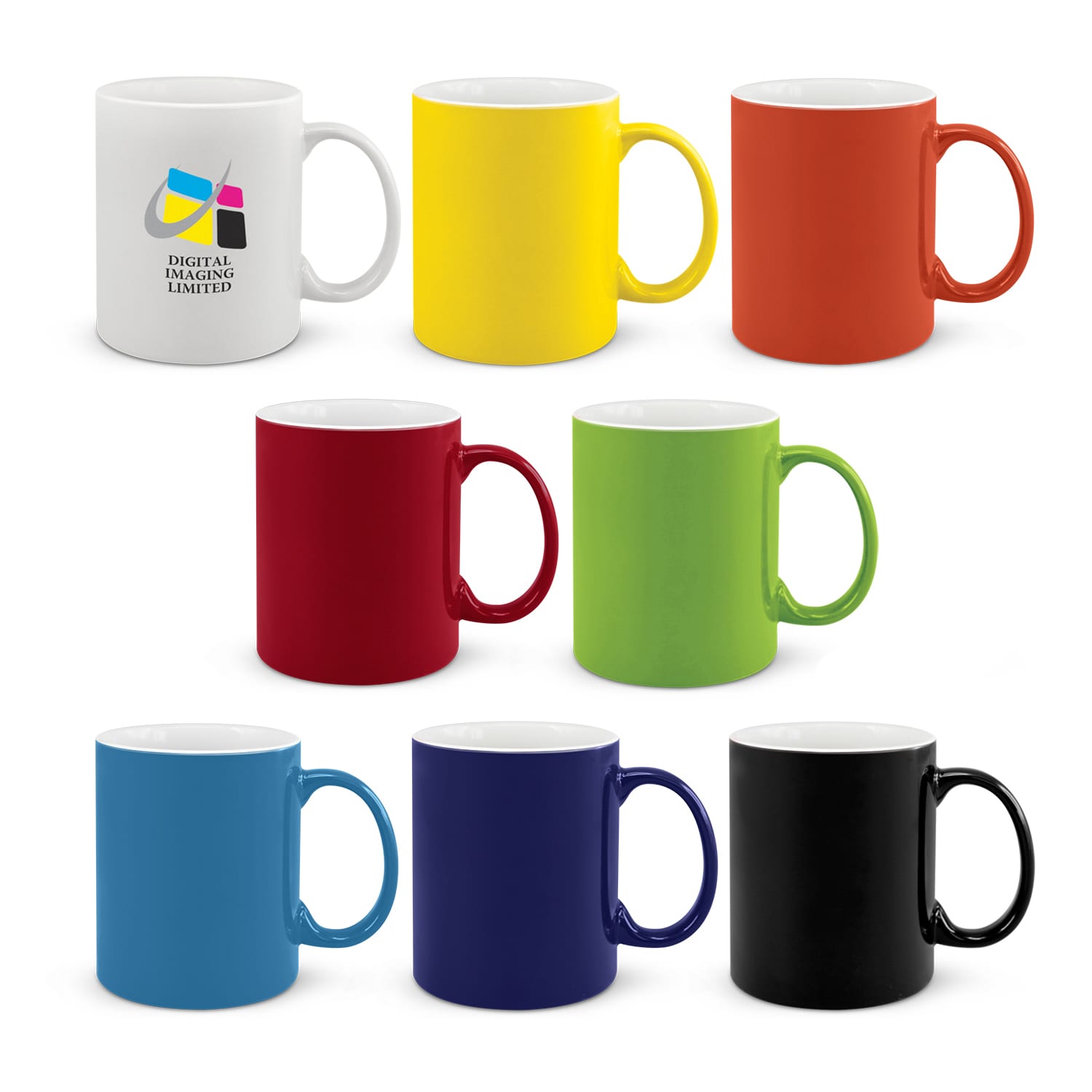 A set of eight coffee mugs in various colours: white, yellow, orange, red, green, blue, black, and a logo on one mug. Arabica Coffee Mug - Image 1