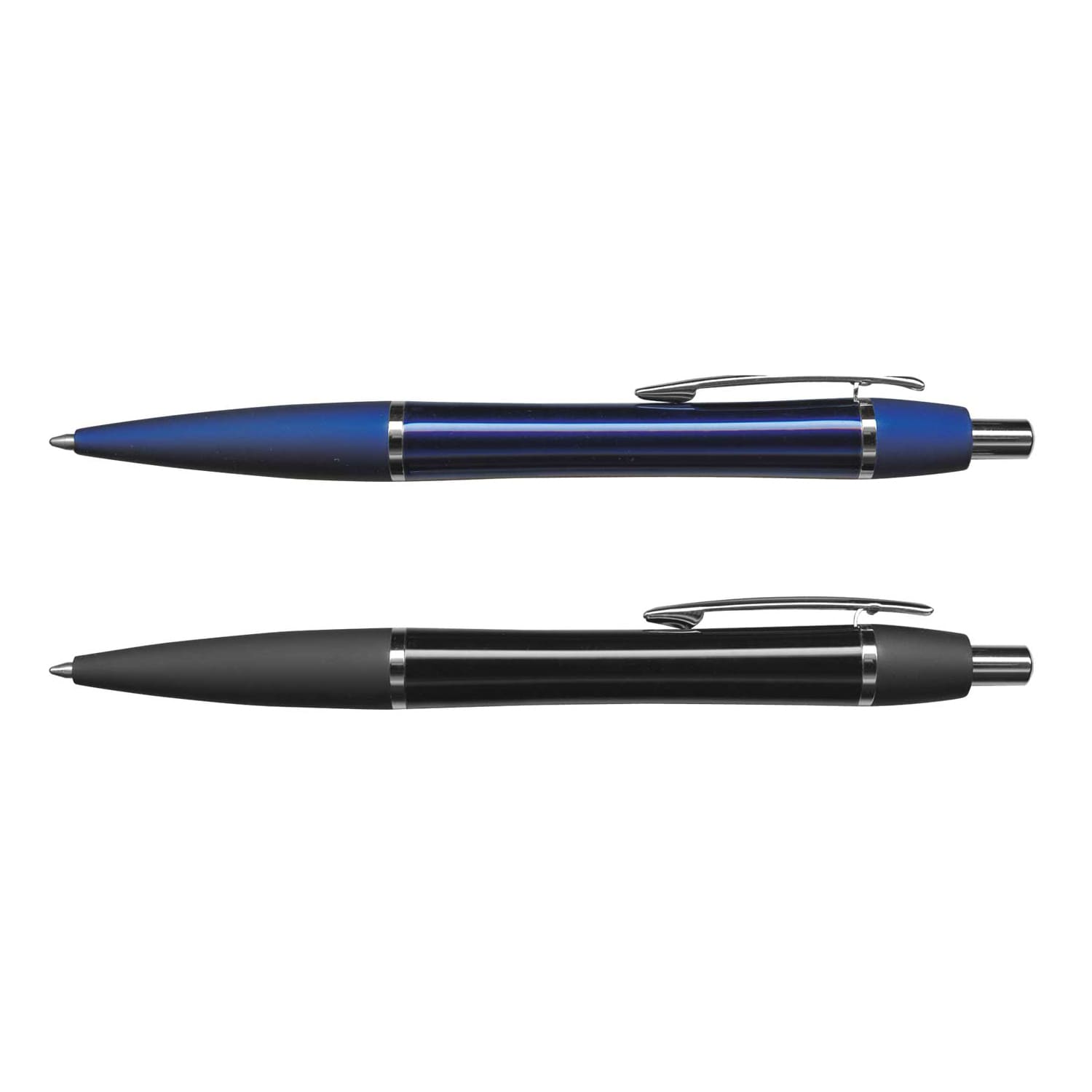 Two metal pens are displayed: one with a blue finish and chrome accents, and the other in a matte black finish with chrome details. Rio Pen - Image 1