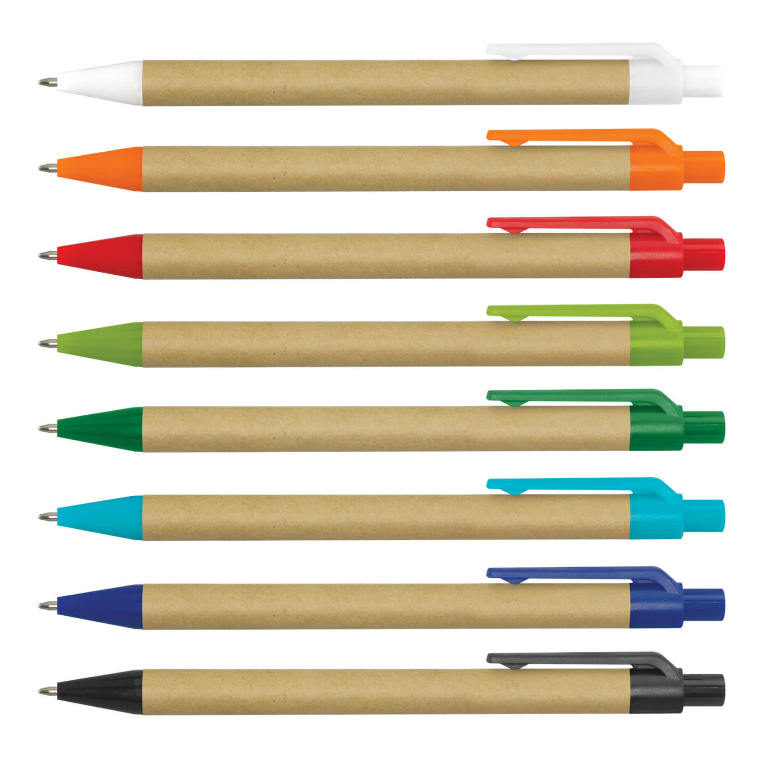 A selection of plastic pens with Kraft paper bodies in various colours: white, orange, red, green, blue, and black. Kraft Pen - Image 1