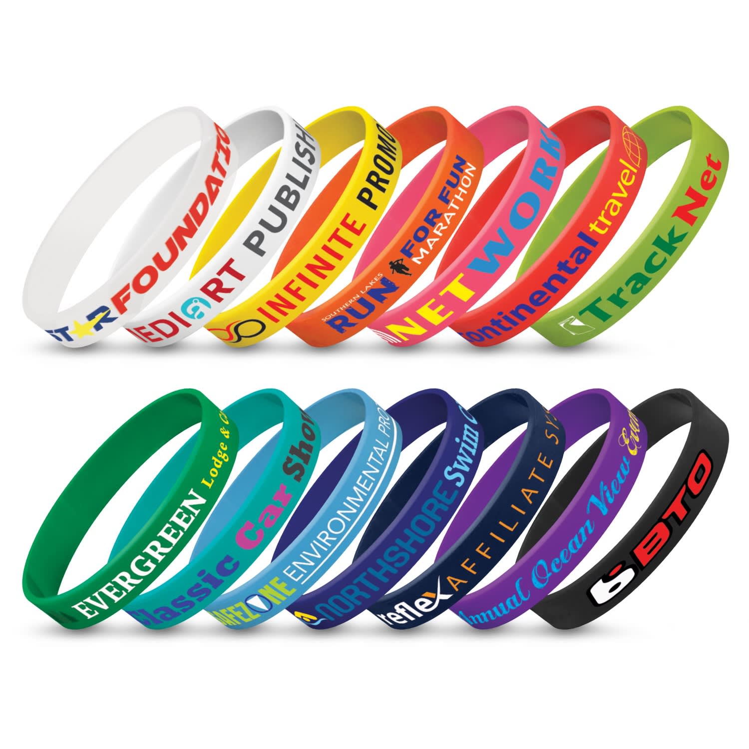 A collection of silicone wristbands in various colours, each featuring different branding and slogans. Silicone Wrist Band - Indent - Image 1