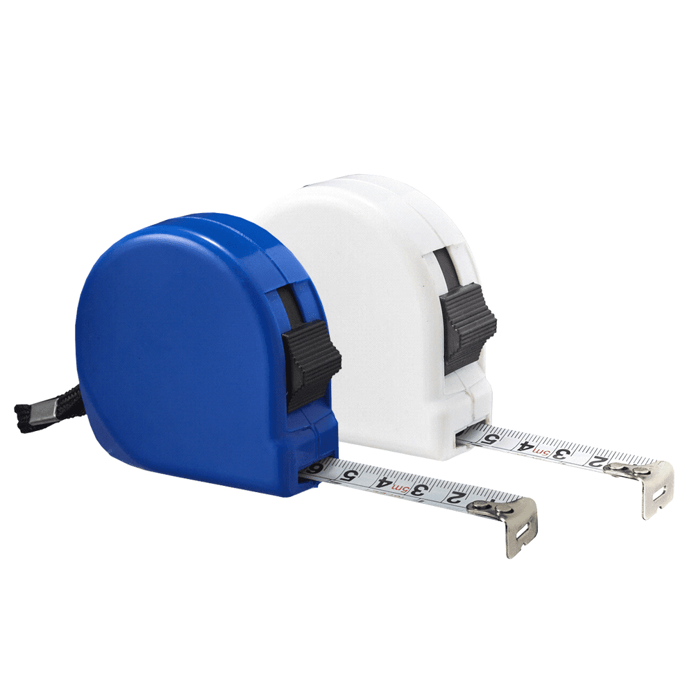 A blue and a white measuring tape, each with a retractable tape measure and a black lock feature. Liam 5 Metre Measuring Tape - Image 1